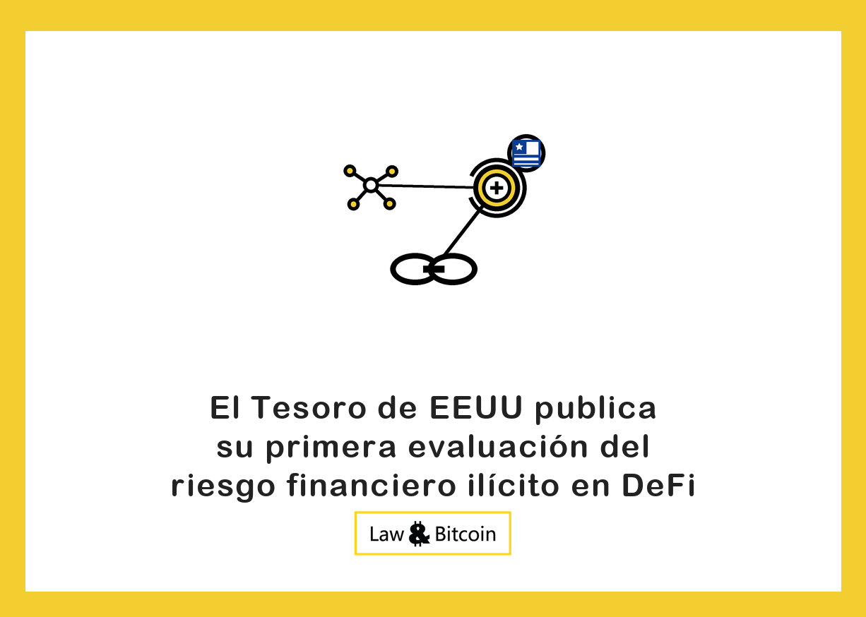 Ilustración editorial de una red de nodos, una moneda digital y eslabones de una cadena.