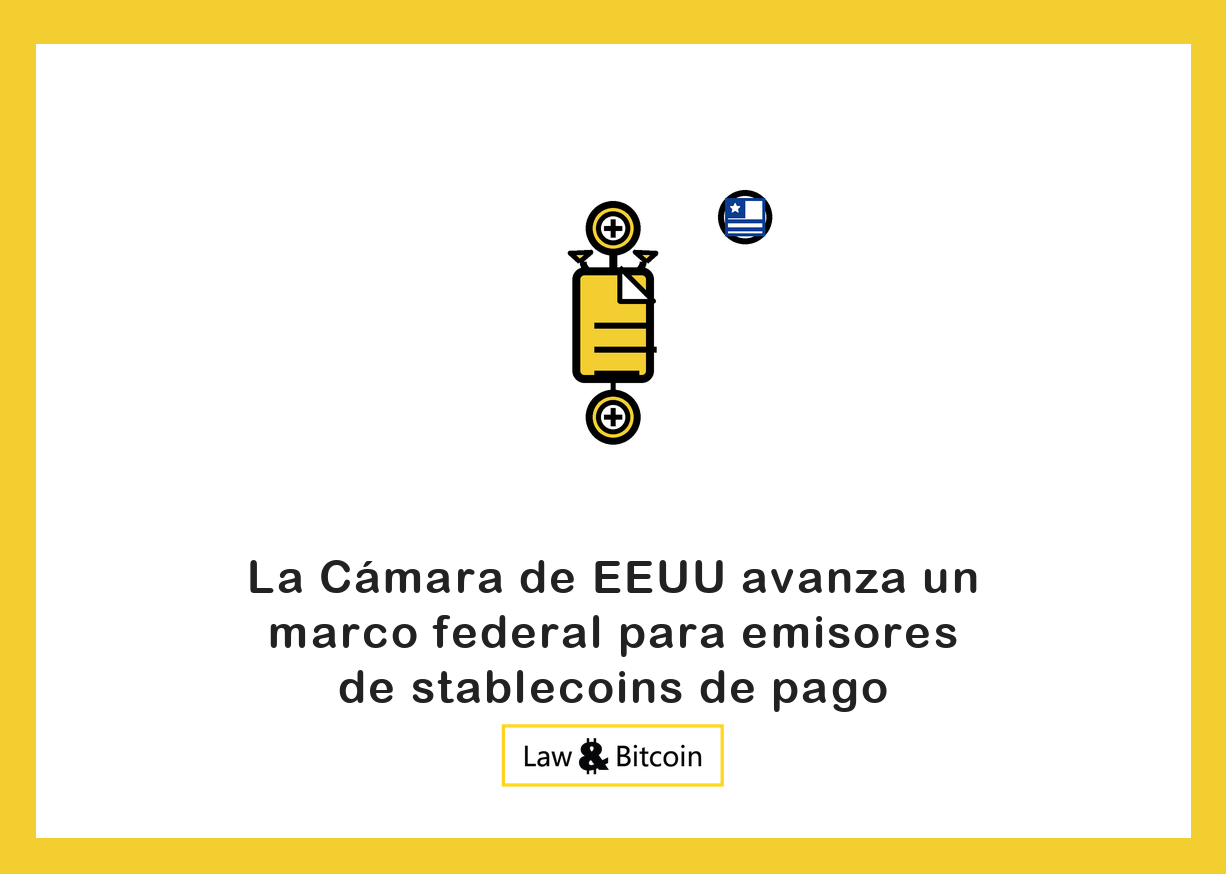Ilustración editorial de una moneda estable anclada, un documento normativo y una moneda digital.