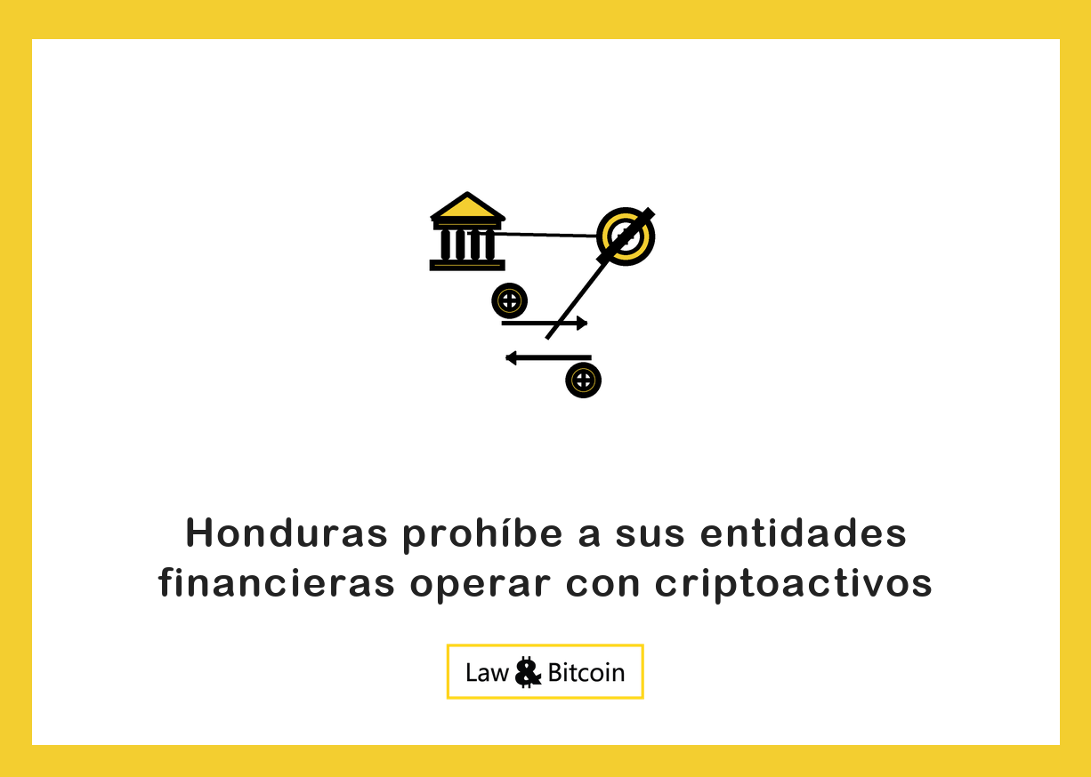 Ilustración editorial de un edificio bancario, una señal de restricción y flechas de intercambio.