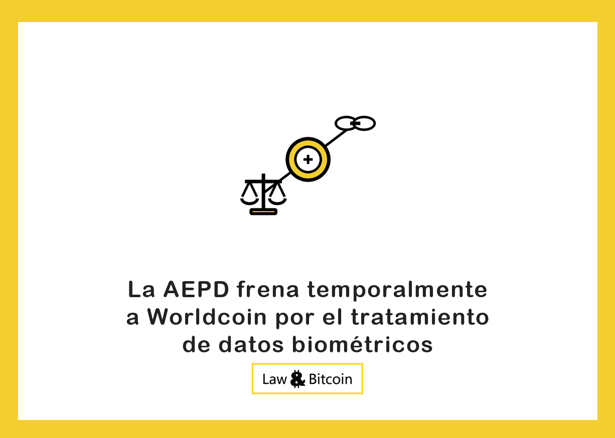Ilustración editorial de una balanza jurídica, una moneda digital y eslabones de una cadena.