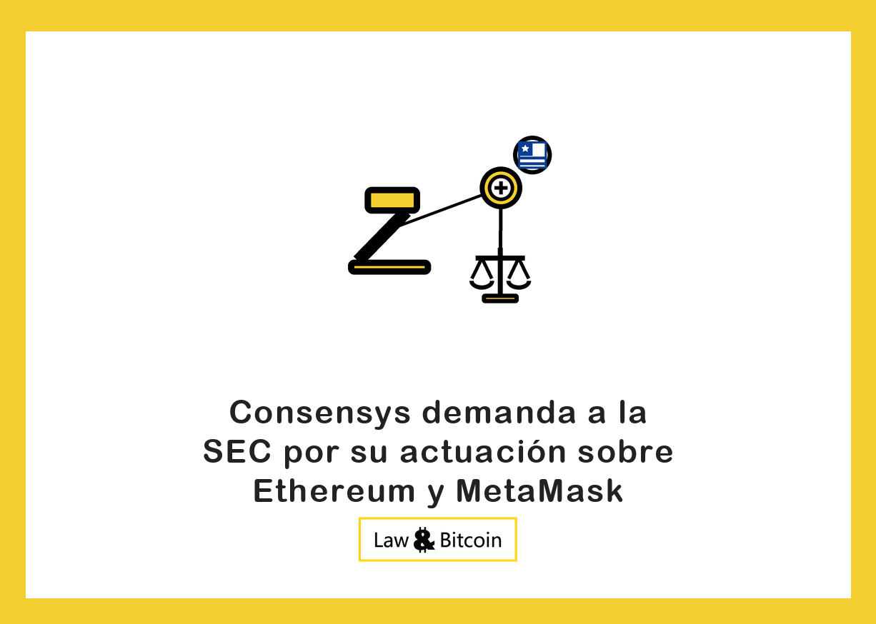 Ilustración editorial de un mazo judicial, una moneda digital y una balanza jurídica.
