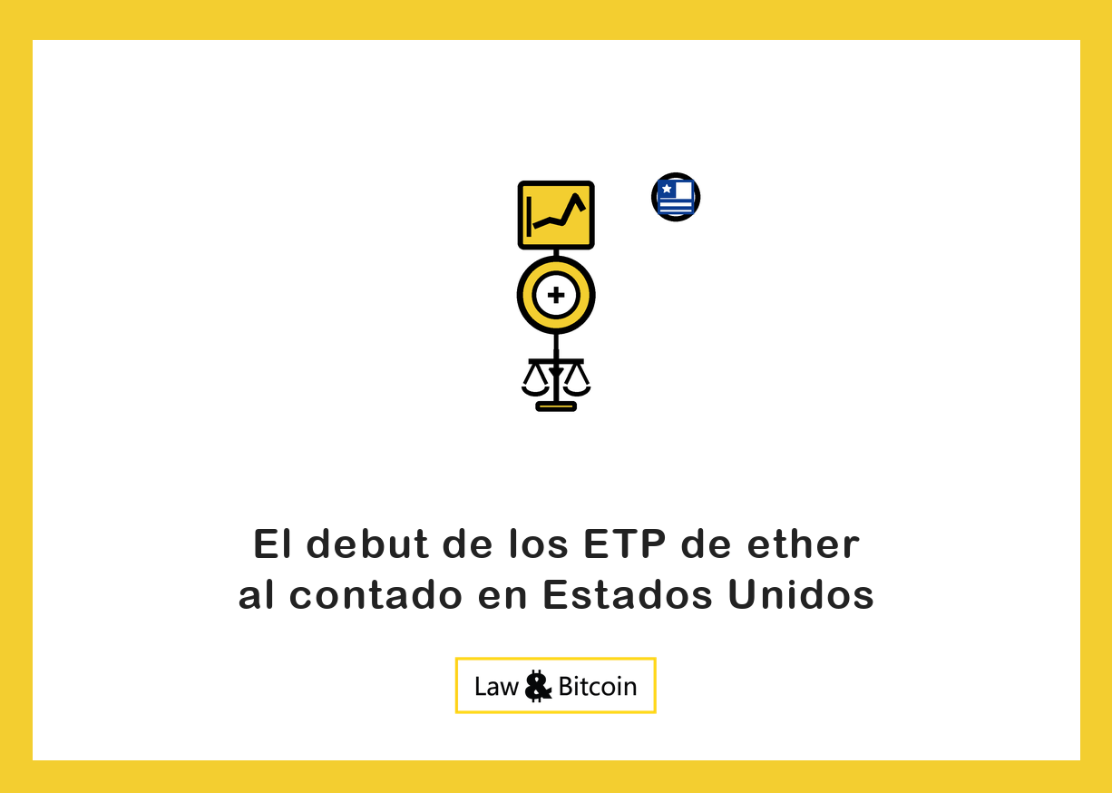 Ilustración editorial de un gráfico financiero, una moneda digital y una balanza jurídica.