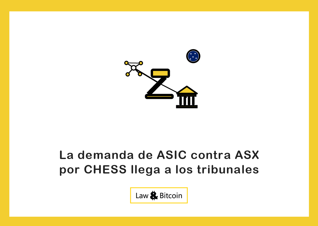 Ilustración editorial de una red de nodos, un mazo judicial y un edificio bancario.