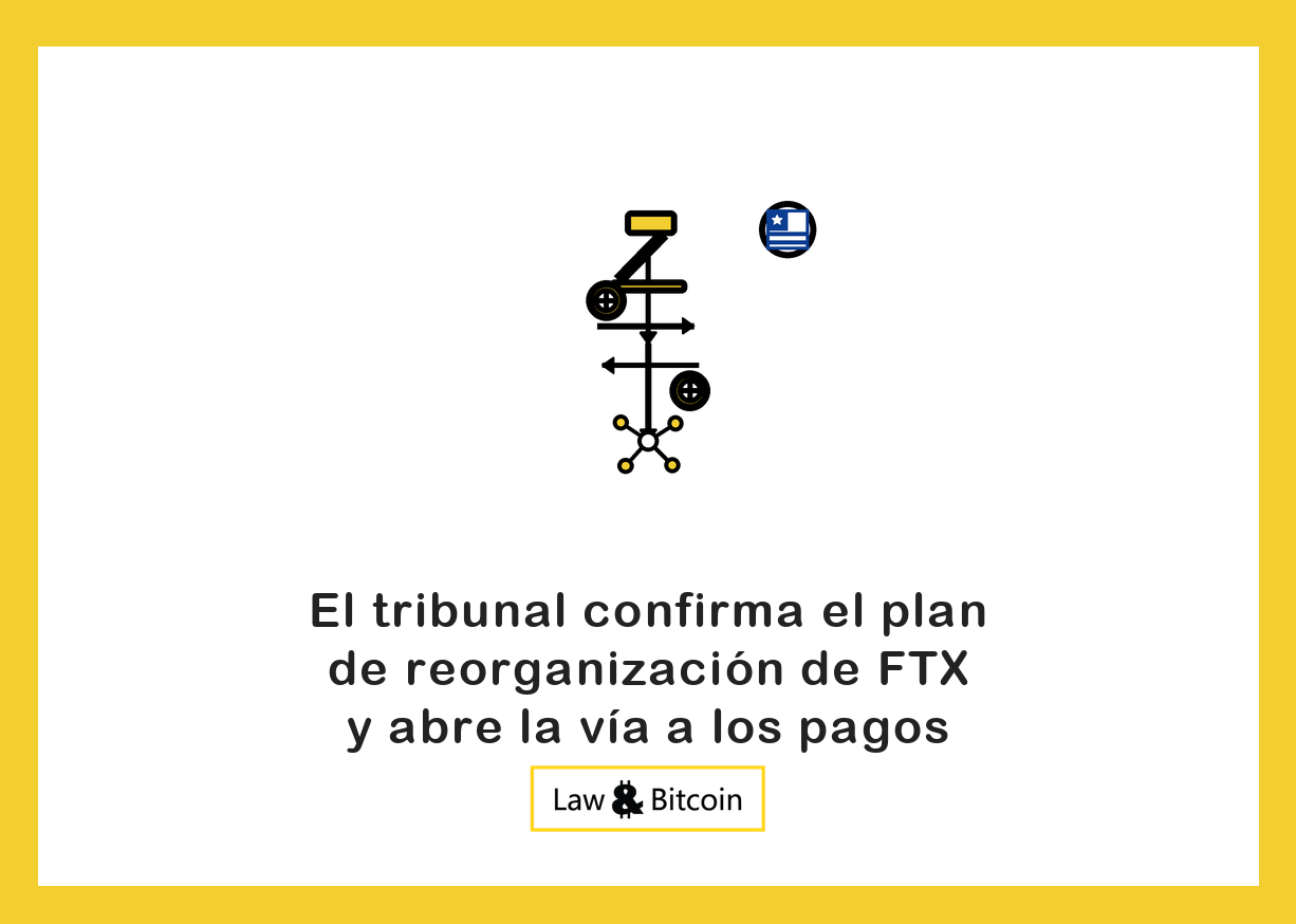 Ilustración editorial de un mazo judicial, flechas de intercambio y una red de nodos.
