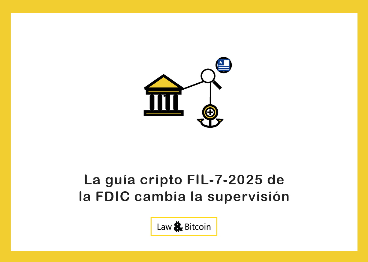 Ilustración editorial de un edificio bancario, una lupa de supervisión y una moneda estable anclada.