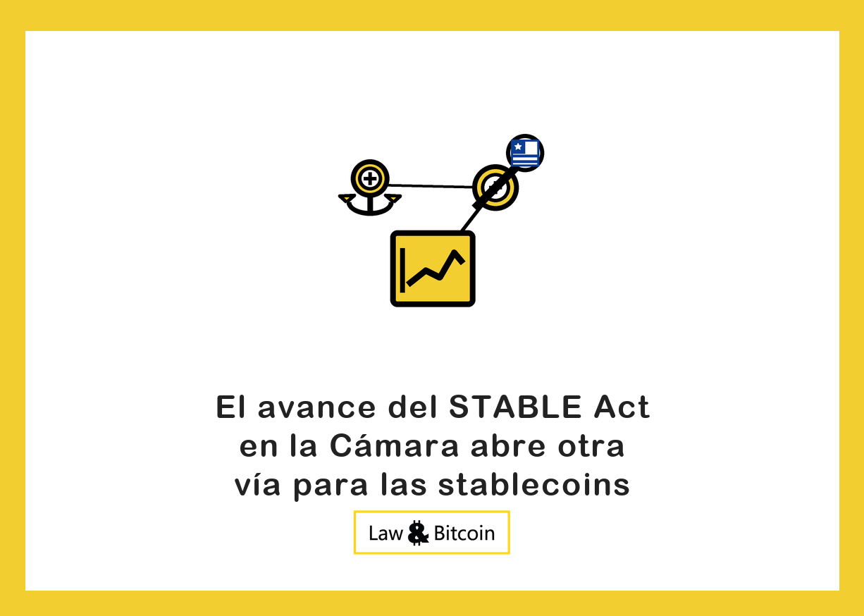 Ilustración editorial de una moneda estable anclada, una señal de restricción y un gráfico financiero.