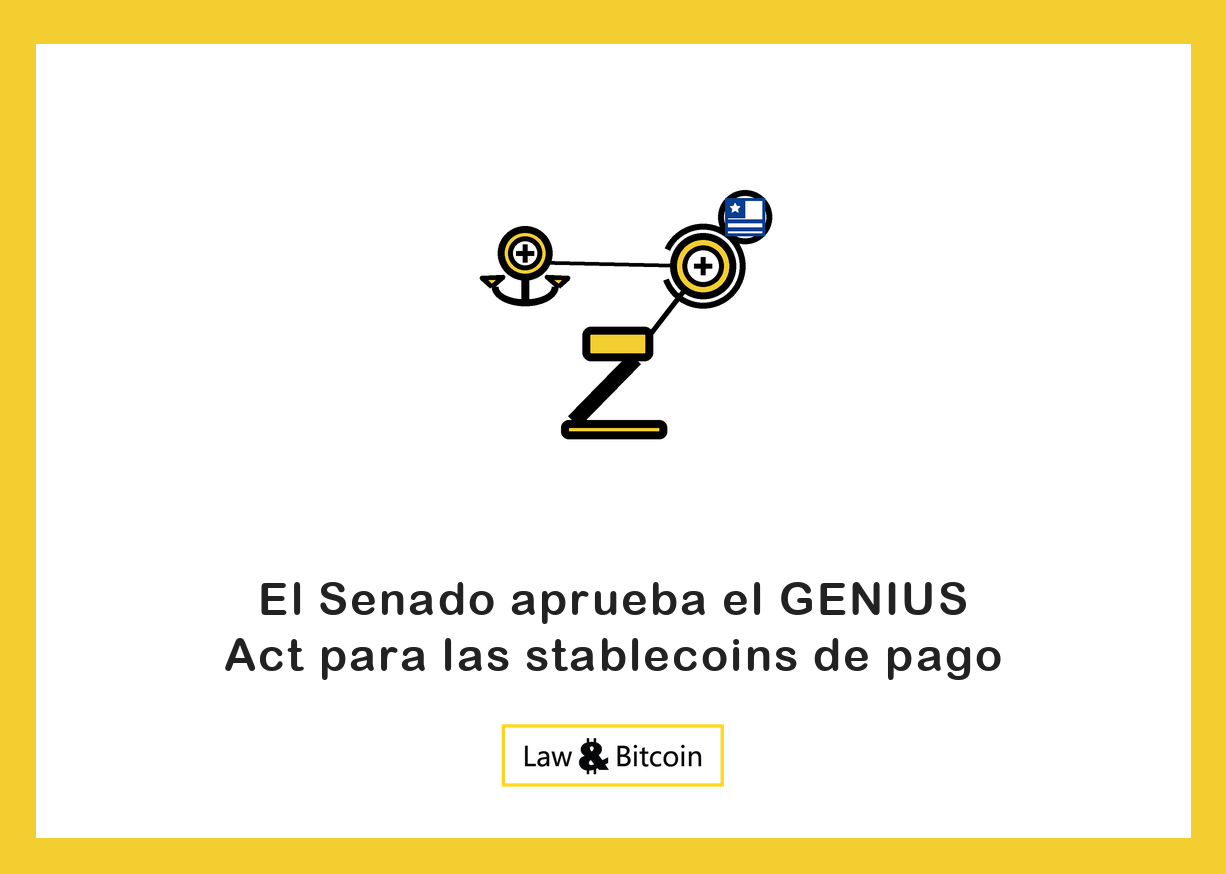 Ilustración editorial de una moneda estable anclada, una moneda digital y un mazo judicial.