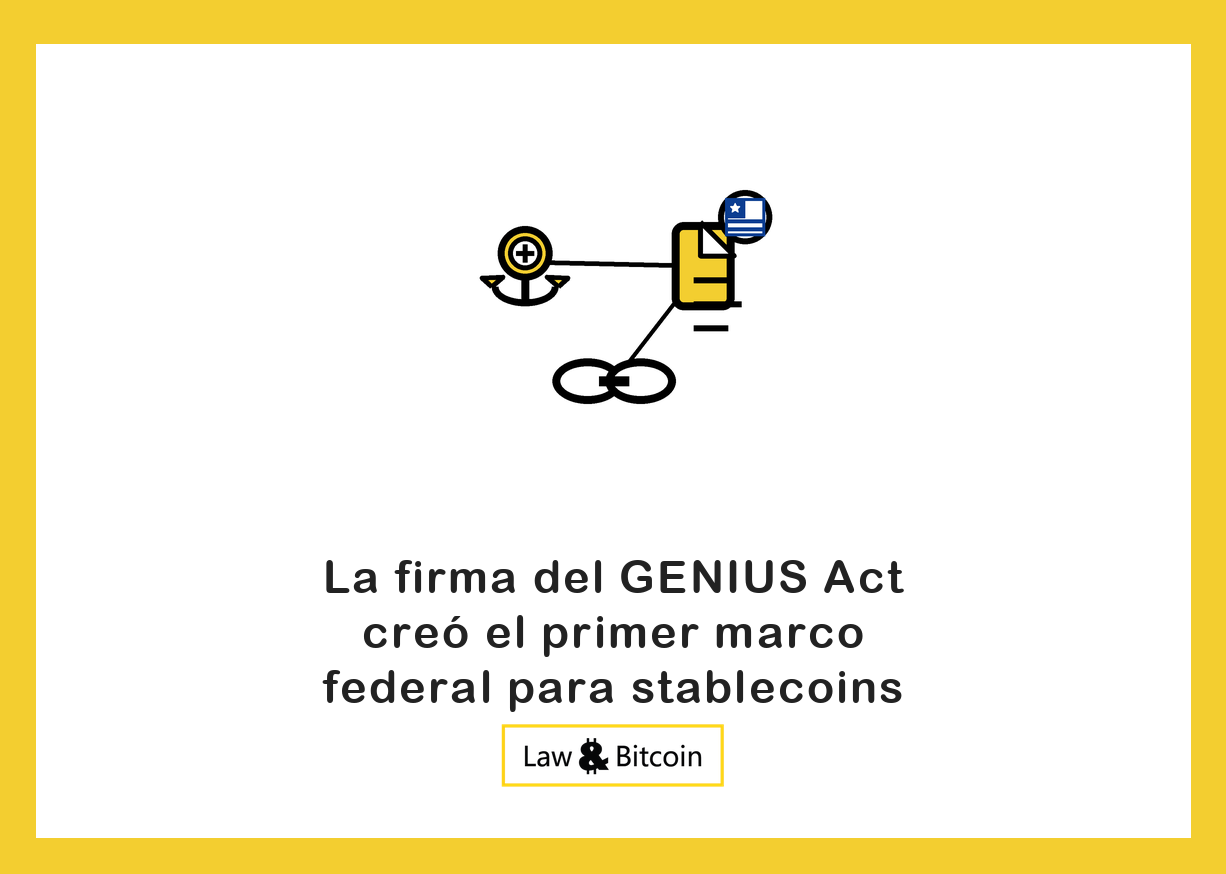 Ilustración editorial de una moneda estable anclada, un documento normativo y eslabones de una cadena.