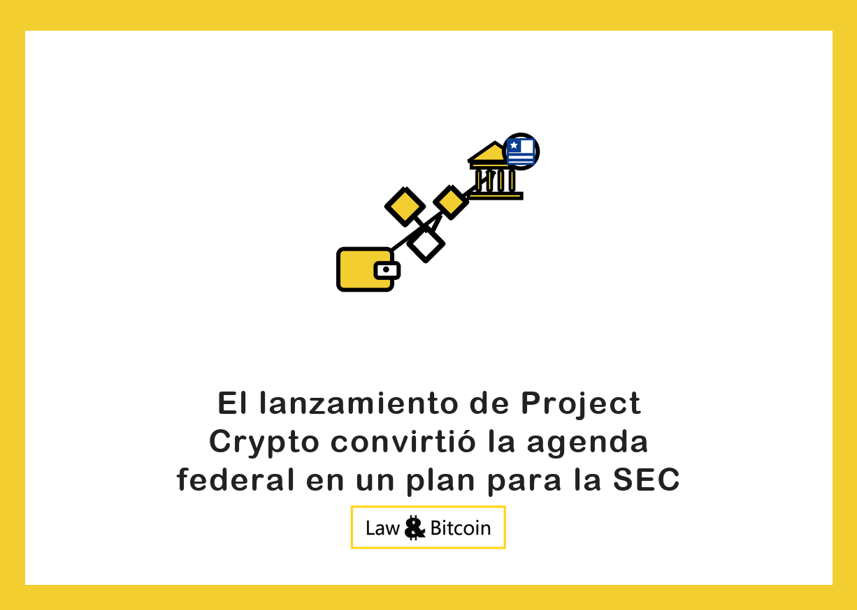 Ilustración editorial de una cartera digital, activos tokenizados y un edificio bancario.