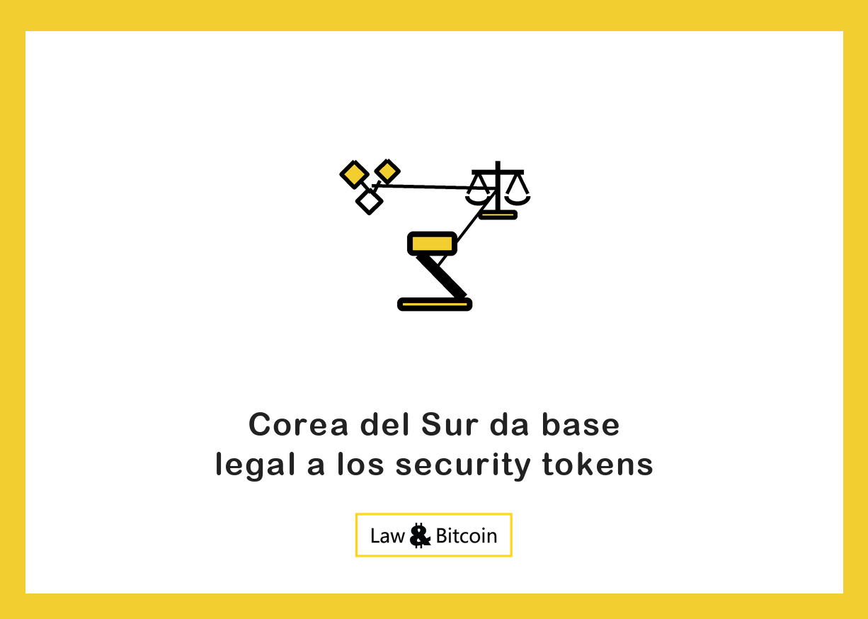 Ilustración editorial de activos tokenizados, una balanza jurídica y un mazo judicial.