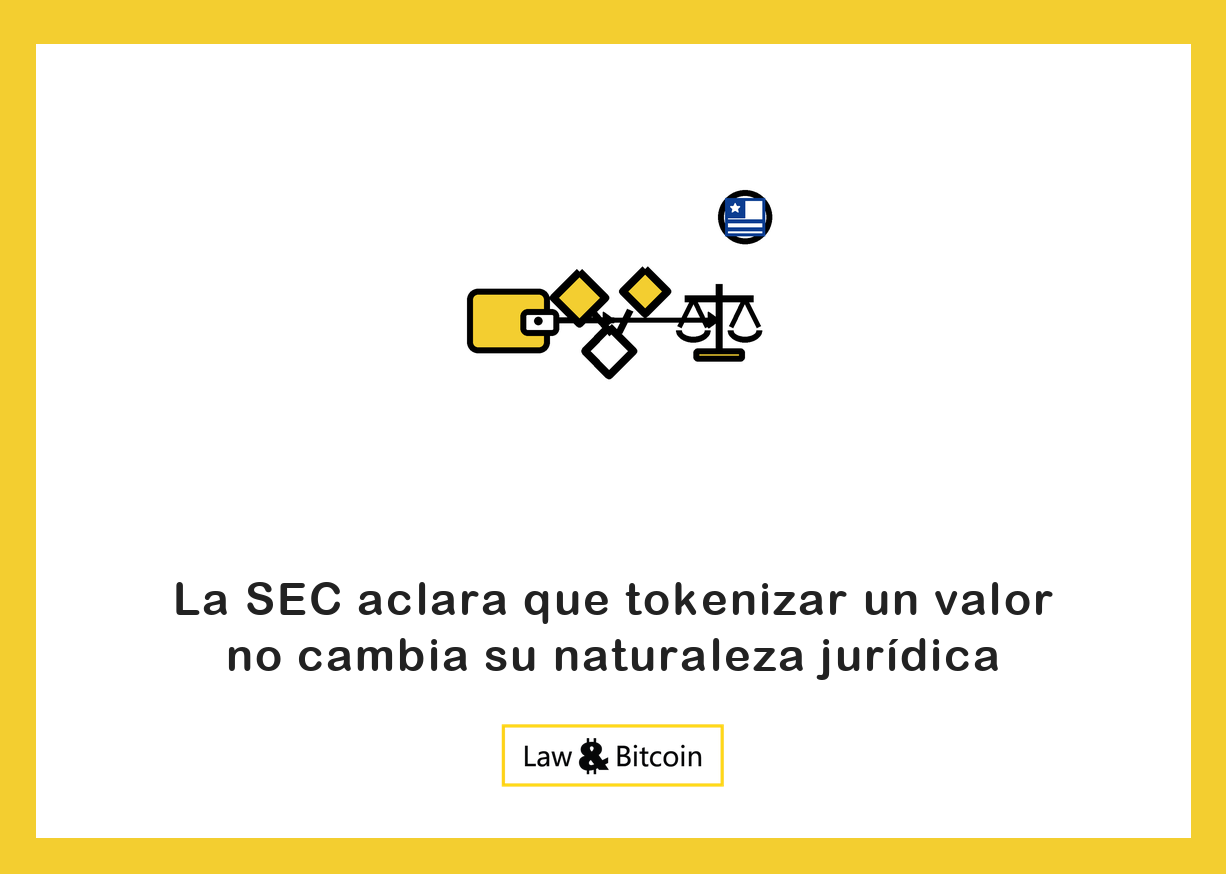 Ilustración editorial de una cartera digital, activos tokenizados y una balanza jurídica.