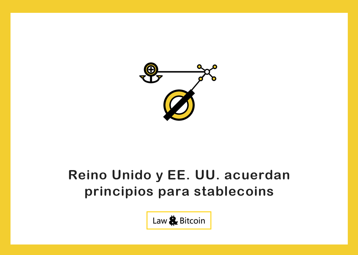 Ilustración editorial de una moneda estable anclada, una red de nodos y una señal de restricción.