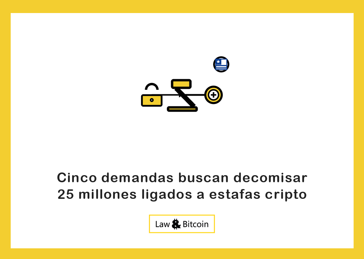 Ilustración editorial de un candado de seguridad, un mazo judicial y una moneda digital.