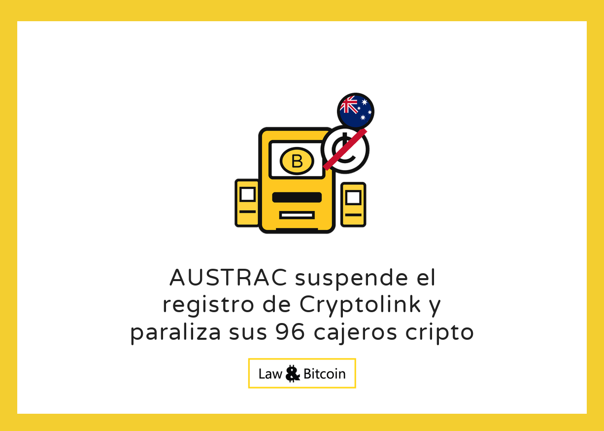 Ilustración editorial de un cajero cripto fuera de servicio tras la suspensión del registro de Cryptolink en Australia.