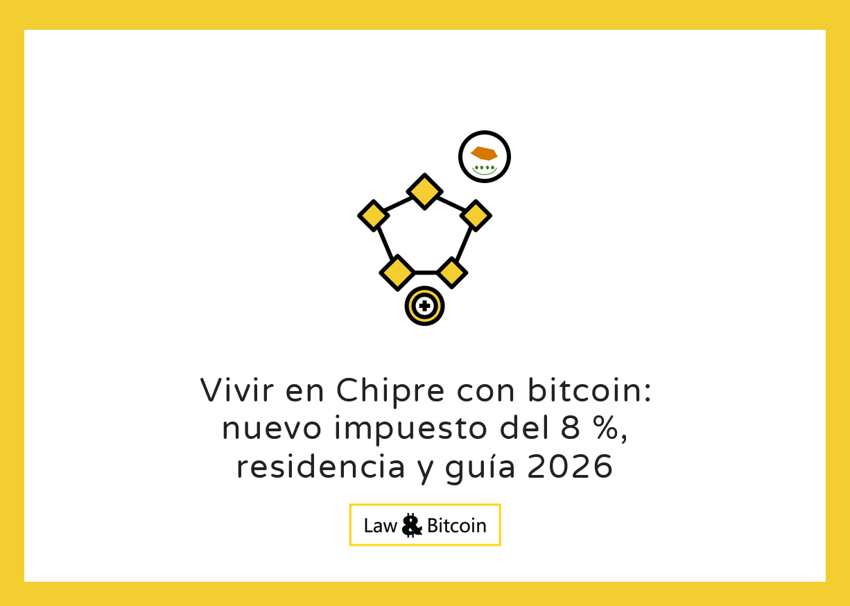 Ilustración editorial para la guía sobre bitcoin, el impuesto del 8 % y la residencia en Chipre.