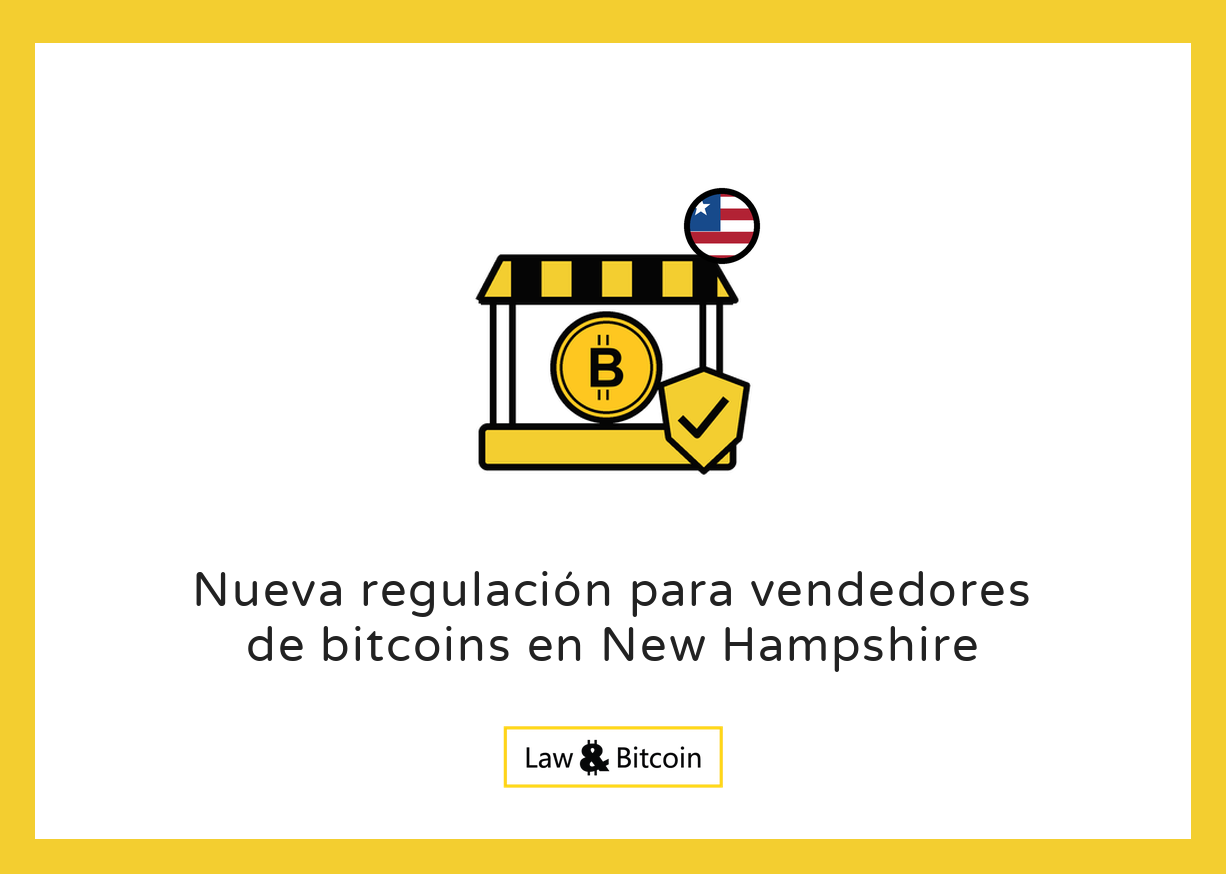 Ilustración editorial sobre la regulación de vendedores de bitcoin en New Hampshire.