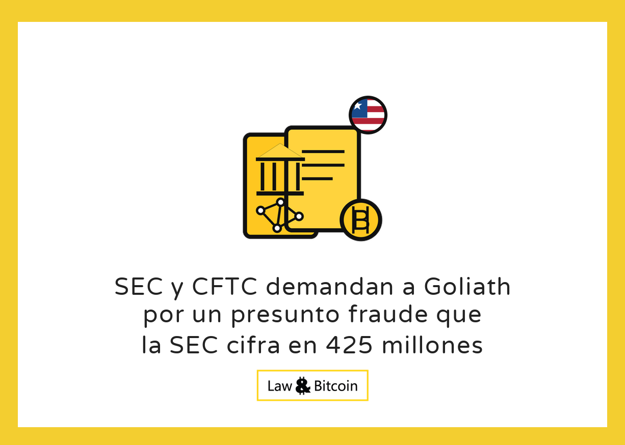 Ilustración editorial de las demandas de la SEC y la CFTC contra Goliath Ventures por un presunto fraude cripto.