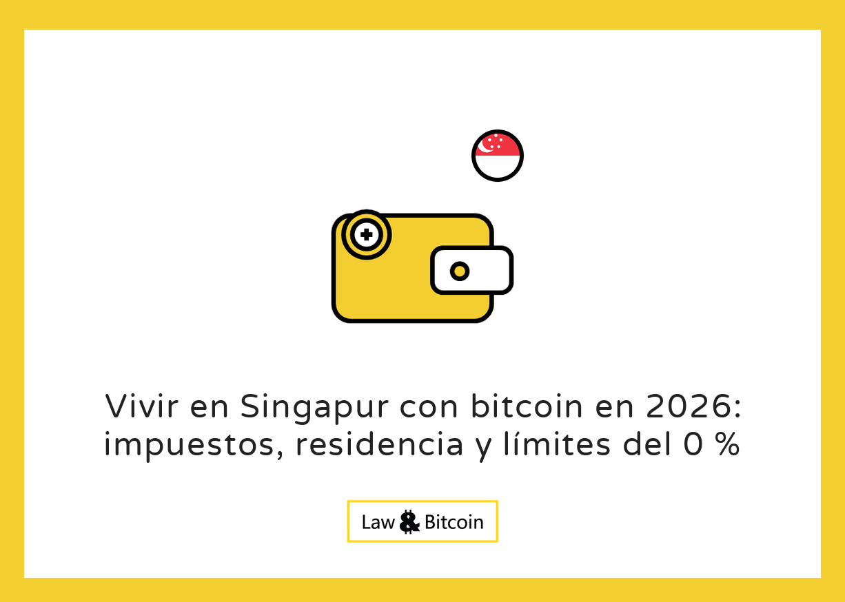 Ilustración editorial para la guía sobre bitcoin, impuestos y residencia en Singapur.