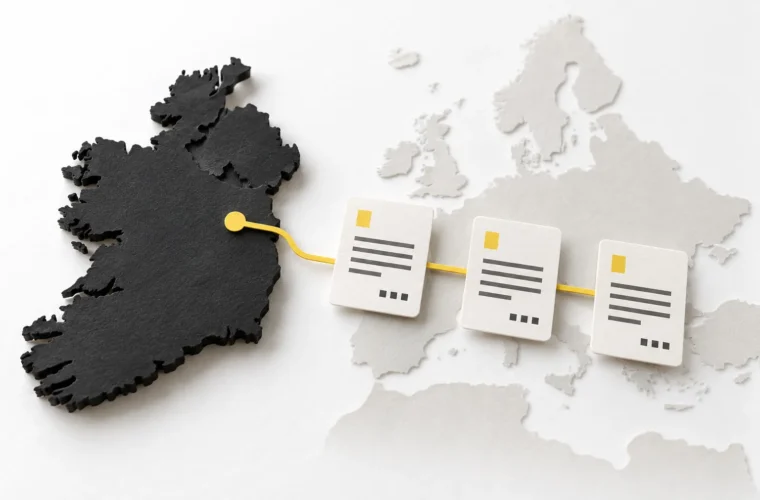 Documentos de datos fiscales conectados con Irlanda y un mapa de Europa.